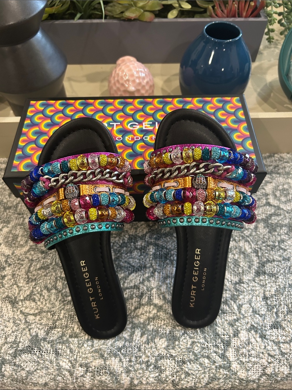 Kurt Geiger Multicolor Beaded & Chain Embellished Slide Mules